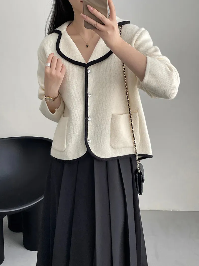 [Korean Style] Chic Heart Button Collared Pocket Cardigan