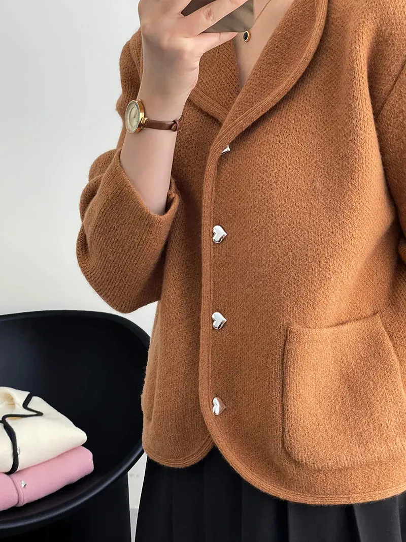 [Korean Style] Chic Heart Button Collared Pocket Cardigan