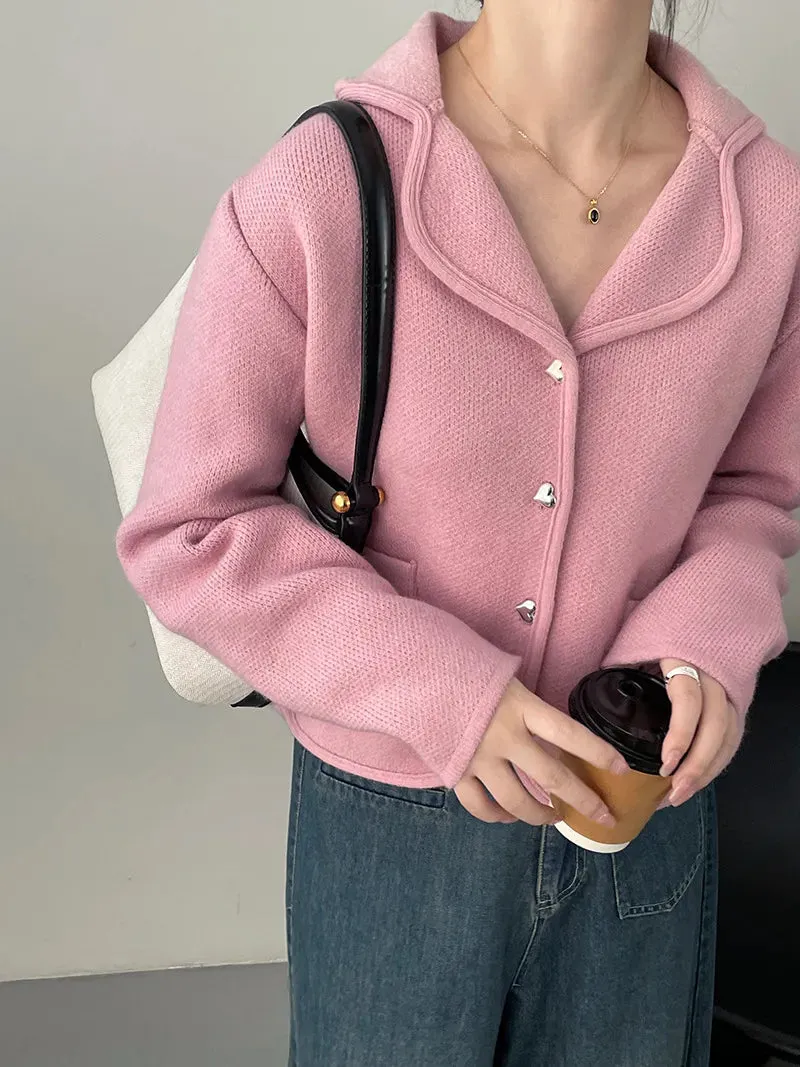 [Korean Style] Chic Heart Button Collared Pocket Cardigan