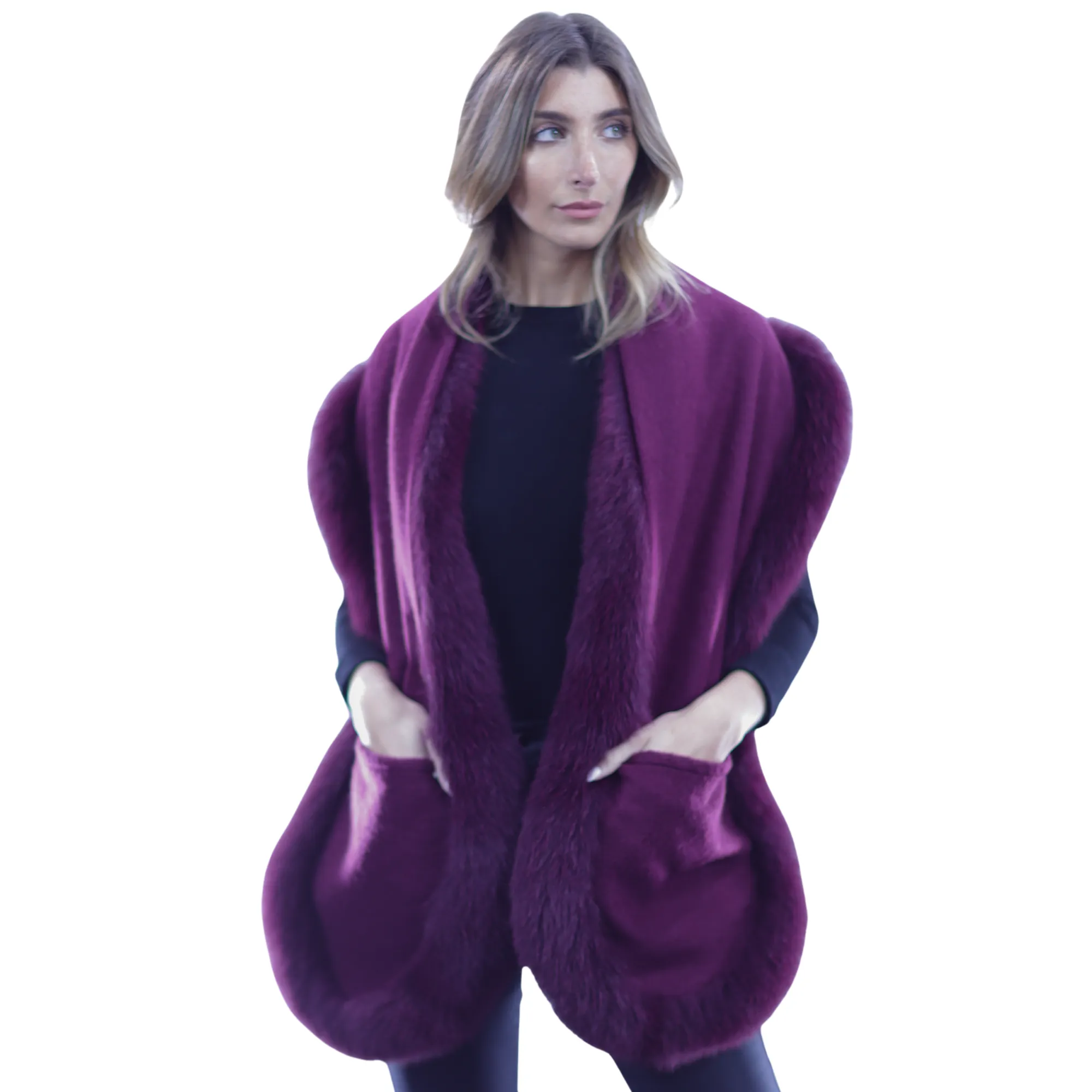 La Fiorentina Luxurious Fox Fur Trim Scarf with Stylish Pocket - One Size - Multiple Colors