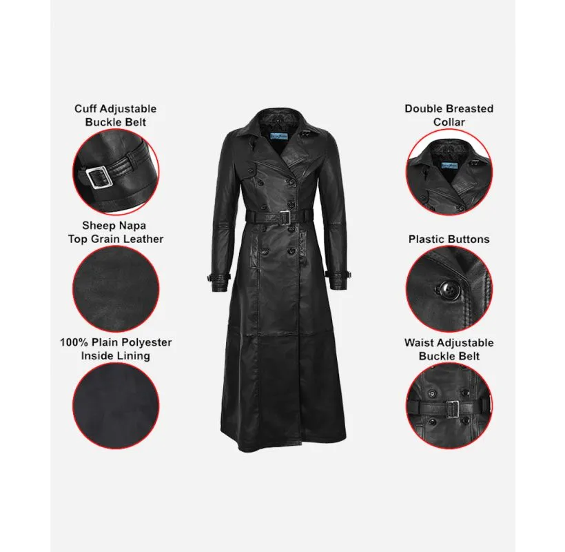 Ladies Full Length Coat Double Breasted Black Leather Long Coat