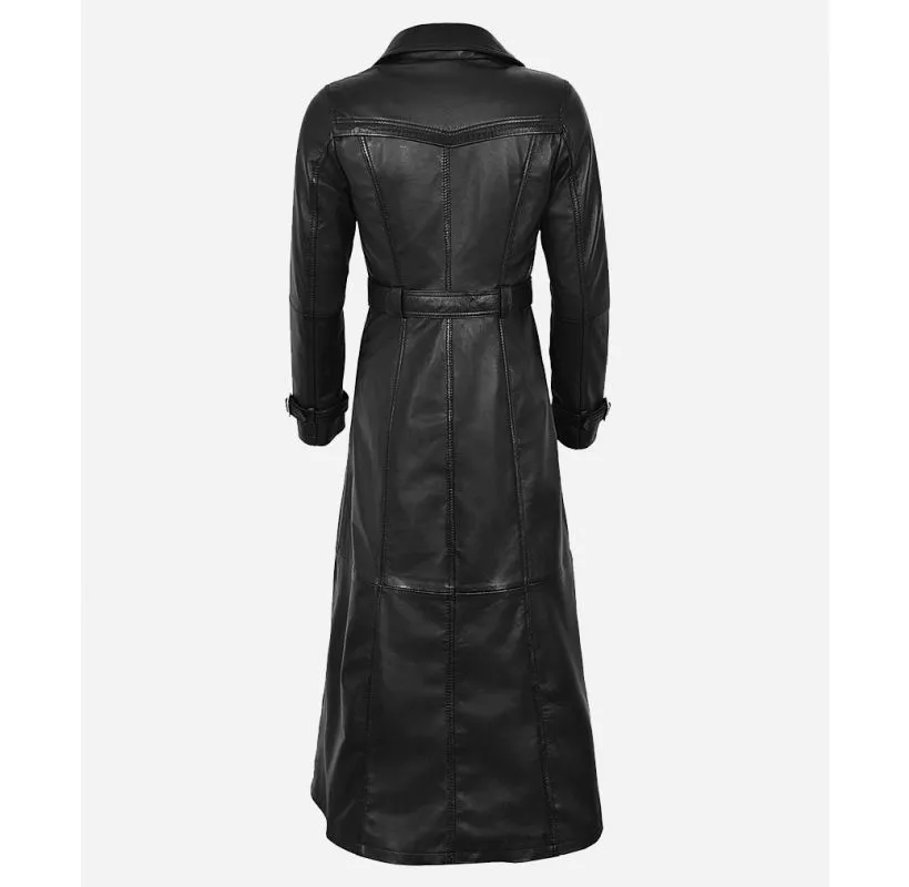 Ladies Full Length Coat Double Breasted Black Leather Long Coat