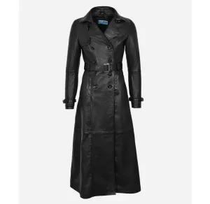 Ladies Full Length Coat Double Breasted Black Leather Long Coat