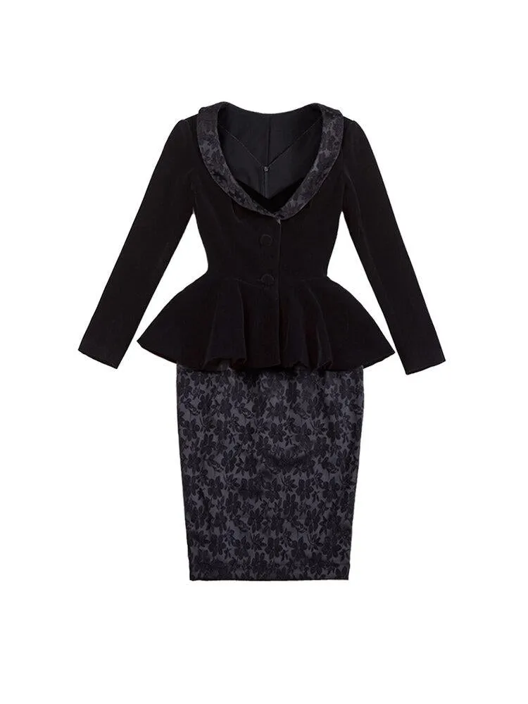 Le Palais vintage autumn winter retro elegant velvet jacquard dress   jacket suit set- Fany