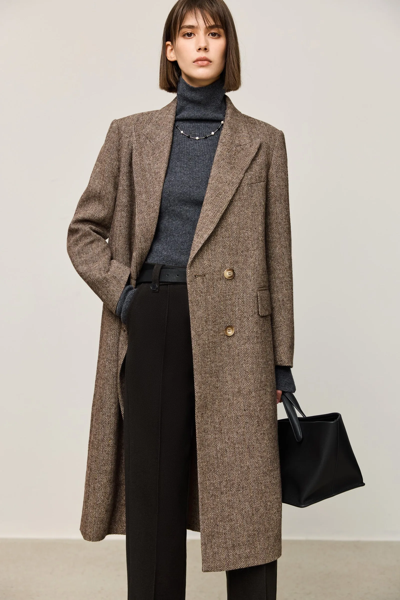 LILY Classic Wide-Shoulder Mid-Length Wool Coat