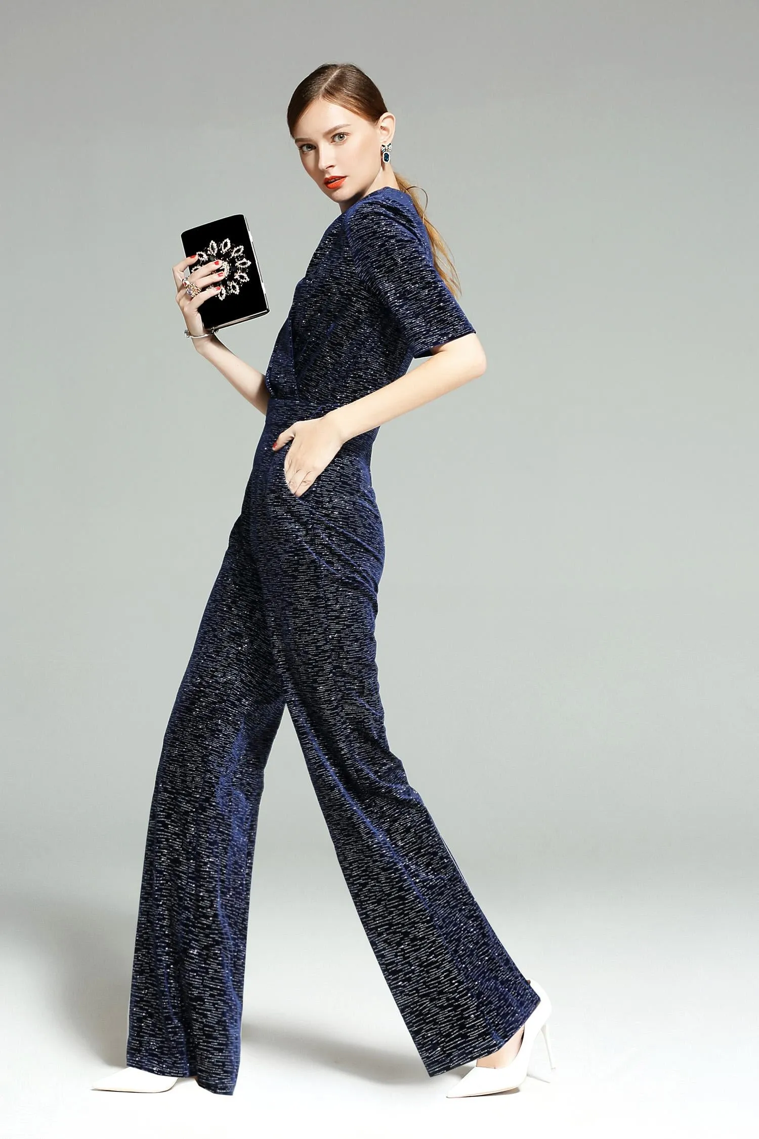 Limited edition V-neck French retro stretch cocktail formal sparkling midnight blue  wide leg jumpsuit - Starlet