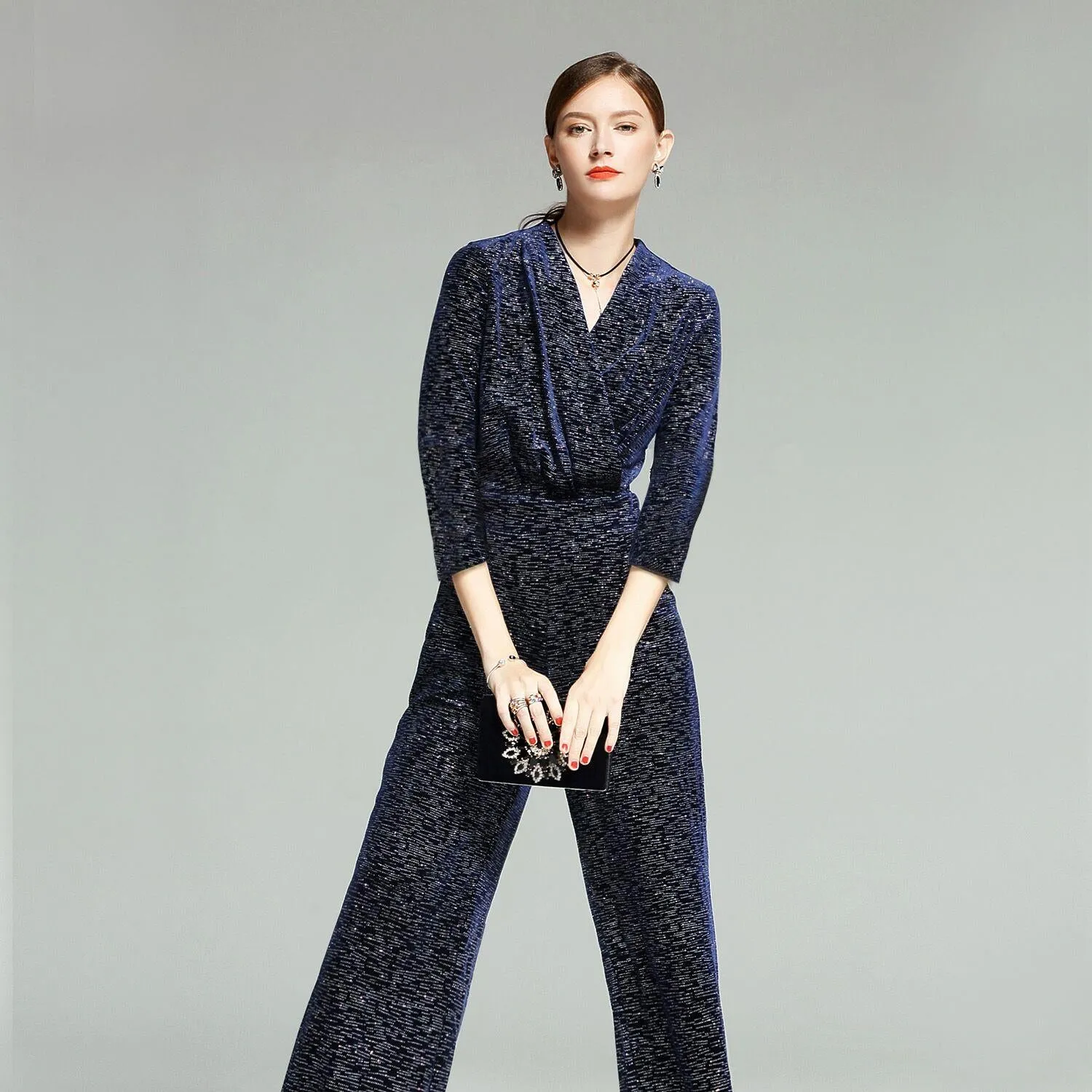 Limited edition V-neck French retro stretch cocktail formal sparkling midnight blue  wide leg jumpsuit - Starlet