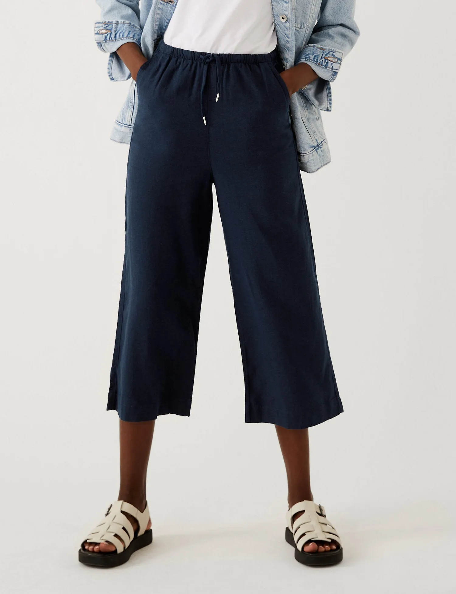 Linen Rich Wide Cropped Leg Trousers