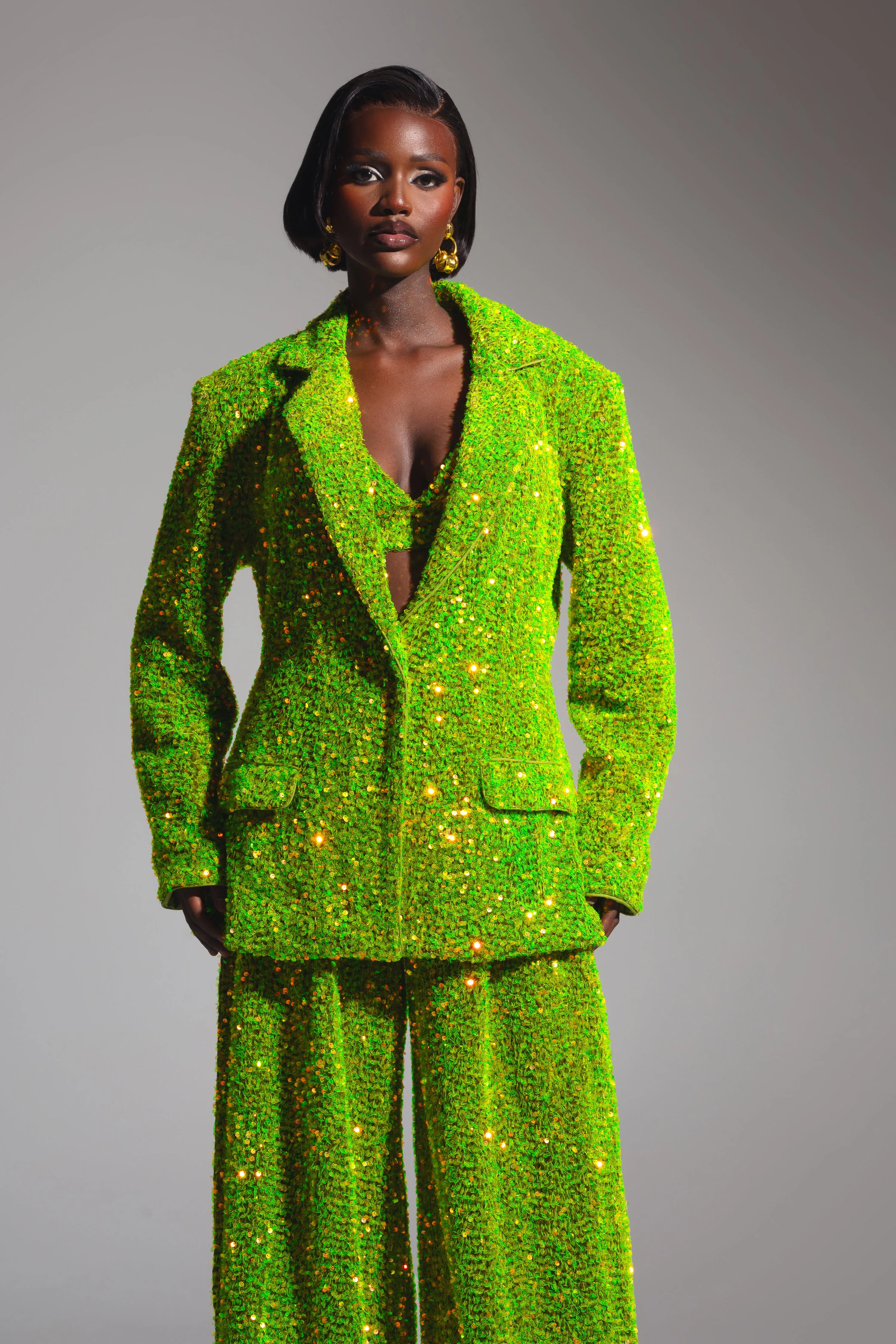 LIZA Sequin Blazer in OLIVINE