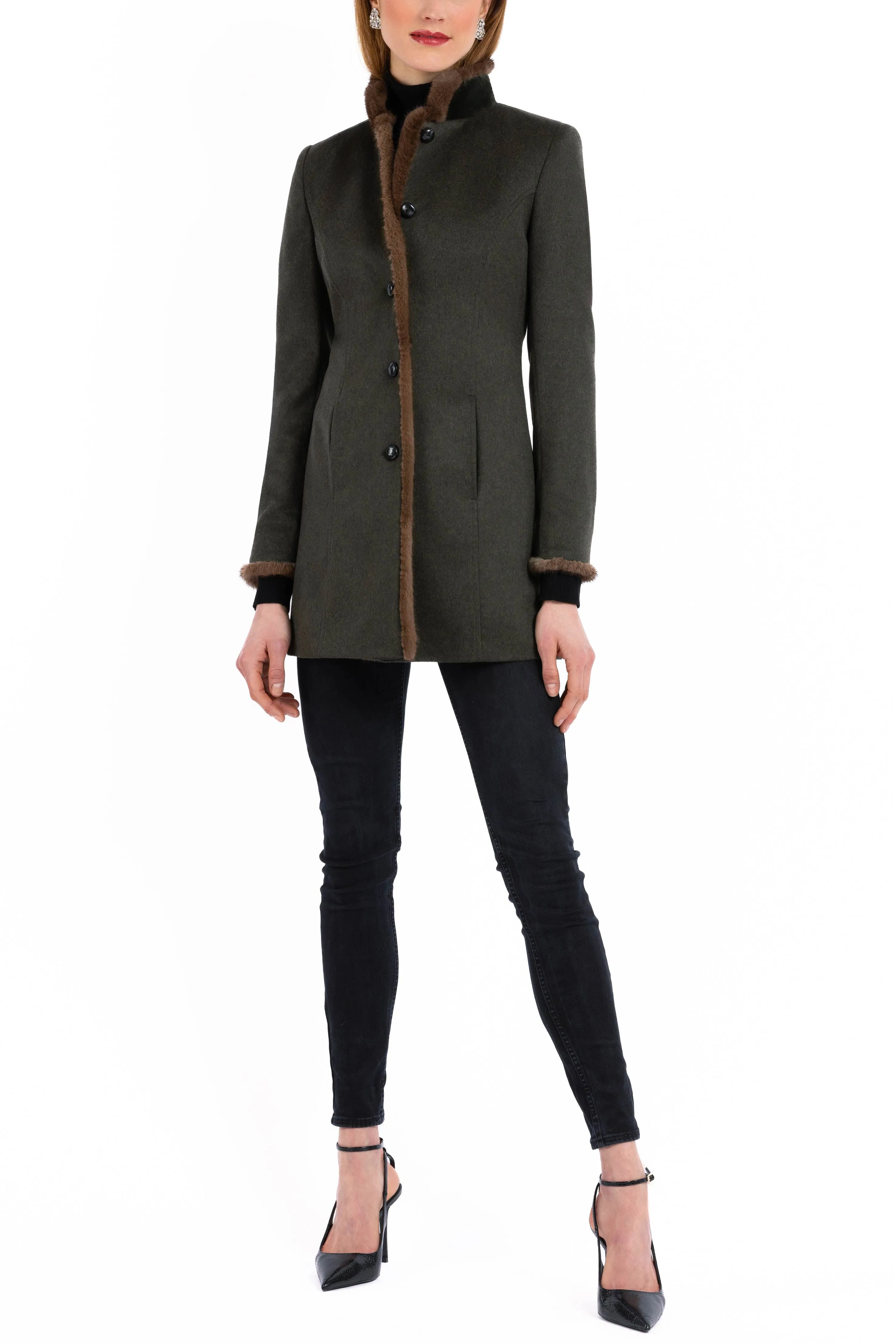 Long blazer in dark-green combed cashmere with chestnut mink trim