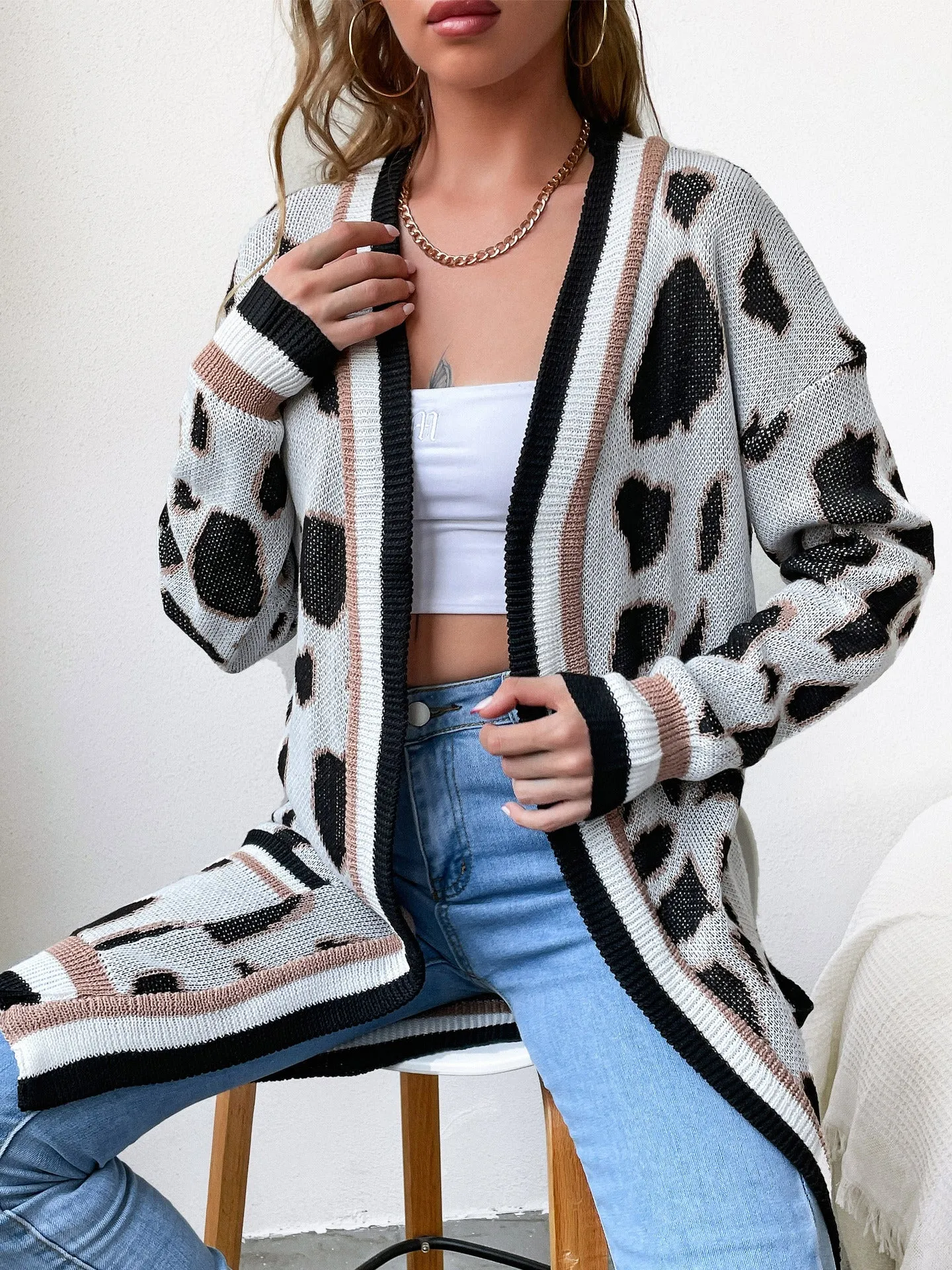 Long Leopard-print Cardigan Sweater Knitted Jacket