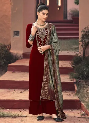 Maroon And Olive Green Pakistani Palazzo Suit