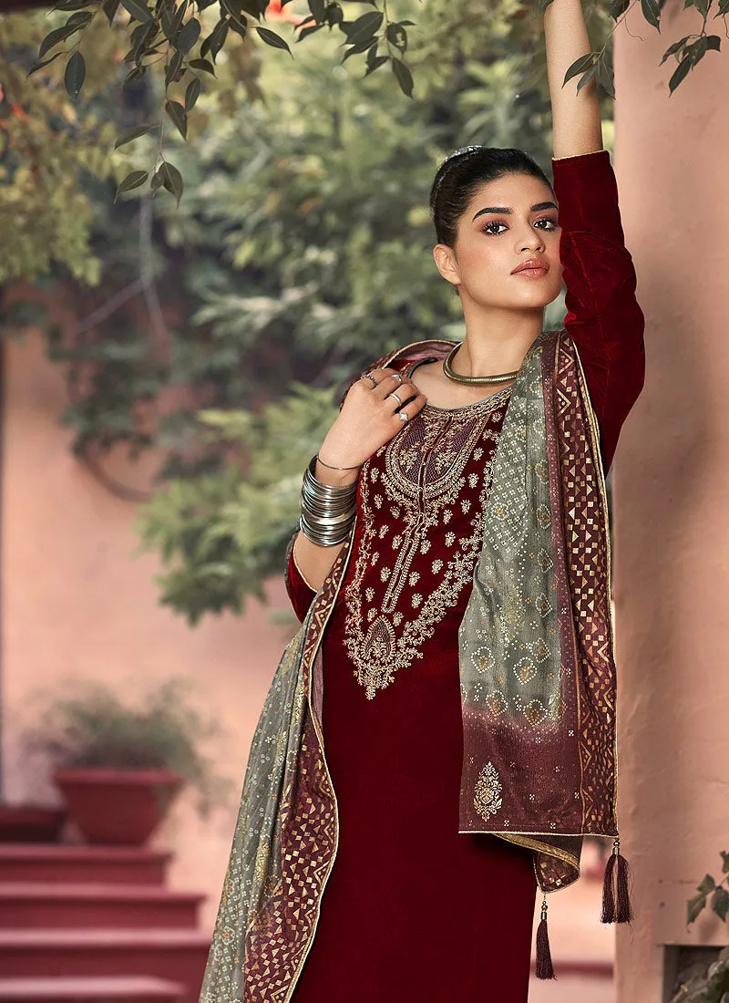 Maroon And Olive Green Pakistani Palazzo Suit