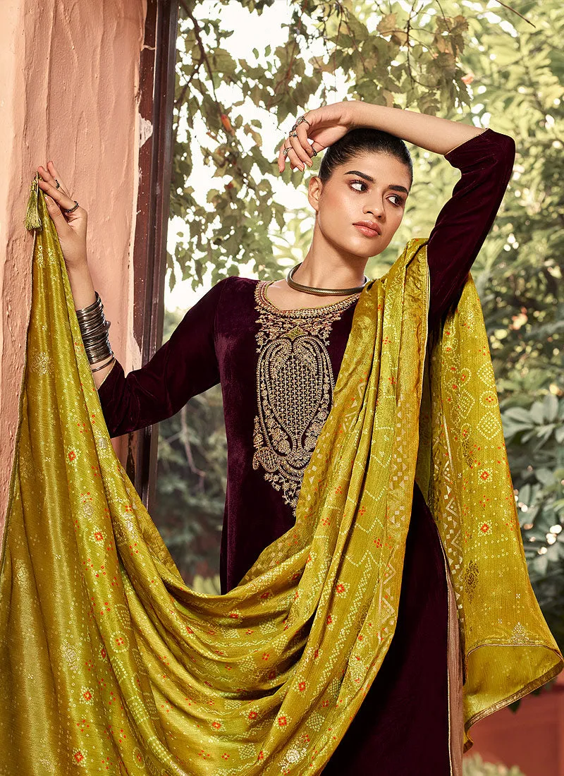 Maroon And Yellow Pakistani Palazzo Suit