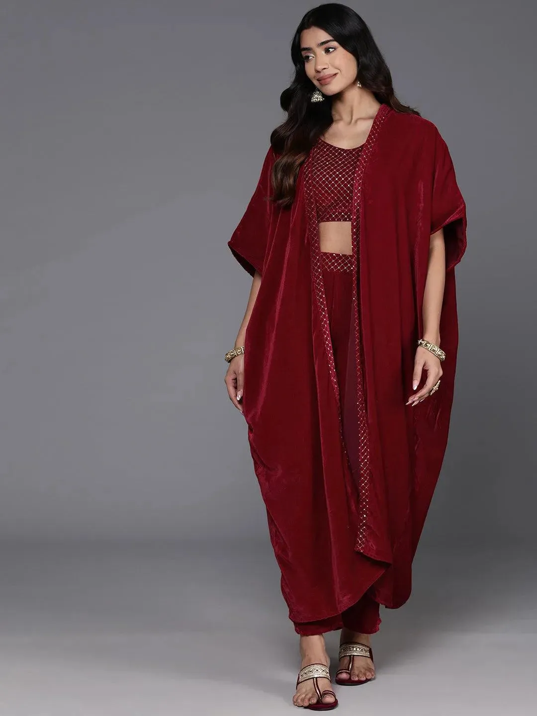 Maroon Embellished Polyester Co-Ords