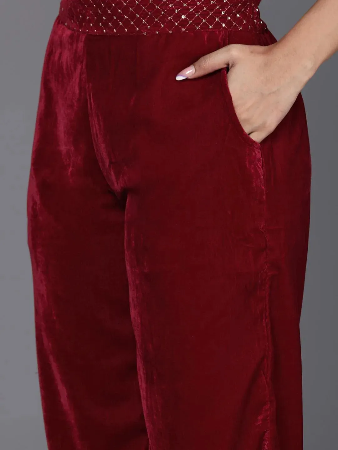 Maroon Embellished Polyester Co-Ords