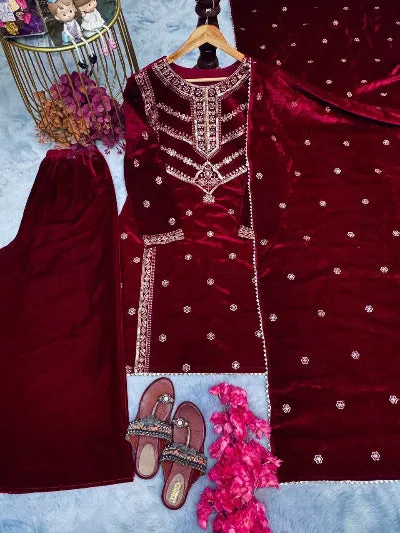 Maroon Stylish Fully Stitched Velvet Palazzo Suit Set