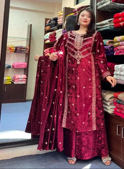 Maroon Stylish Fully Stitched Velvet Palazzo Suit Set