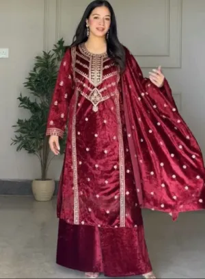 Maroon Stylish Fully Stitched Velvet Palazzo Suit Set