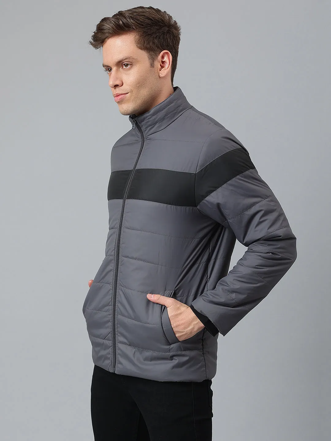 Men's Dark Grey Regular Fit Winterwear Puffer Jackets