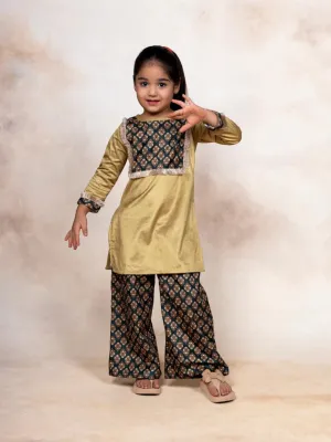 Mustard Yellow Digital Print Velvet Girls Kurta Palazzo Set