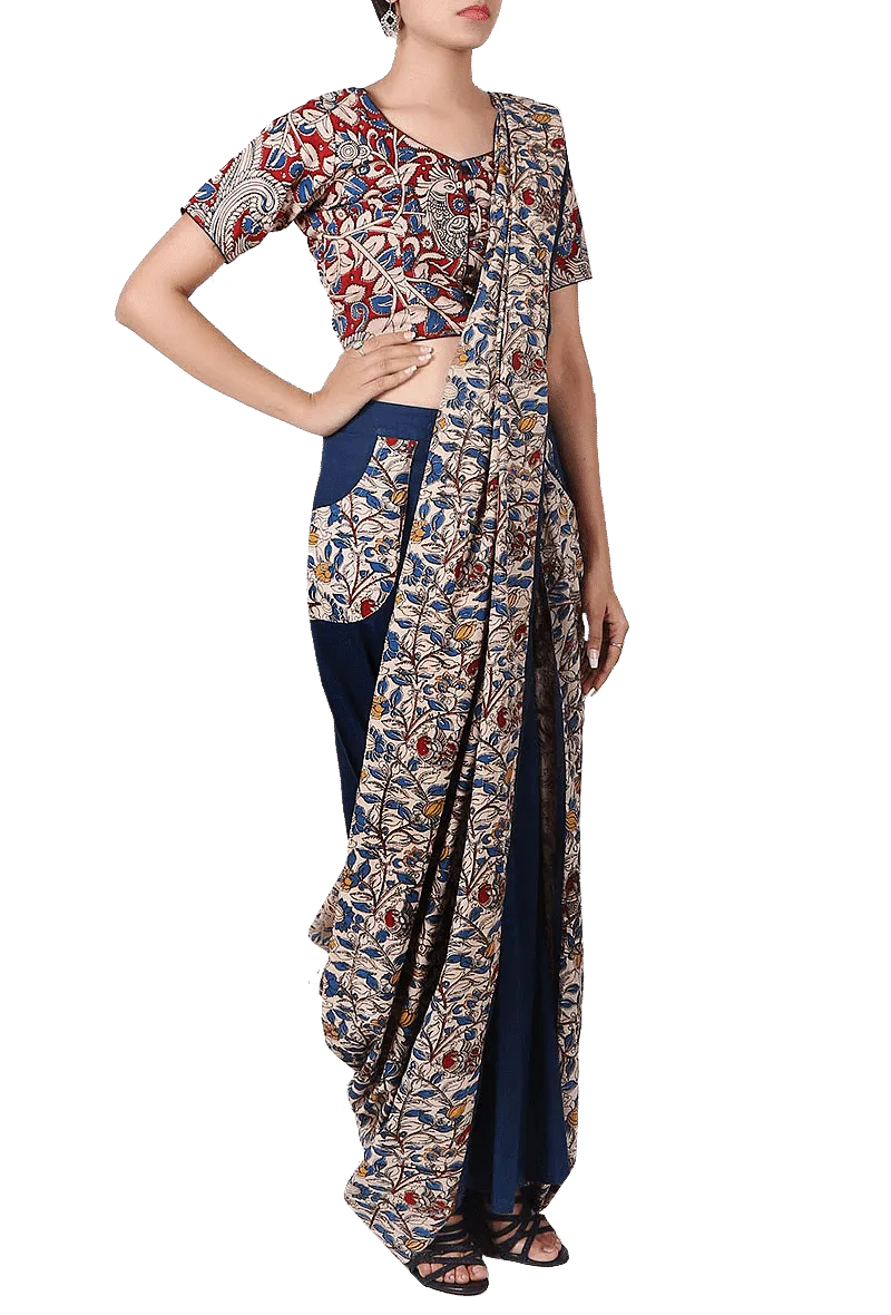 Navy Blue Pure Cotton Stitched Saree With Detachable Kalamkari Pallu