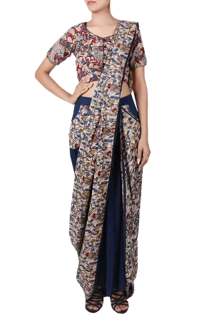 Navy Blue Pure Cotton Stitched Saree With Detachable Kalamkari Pallu