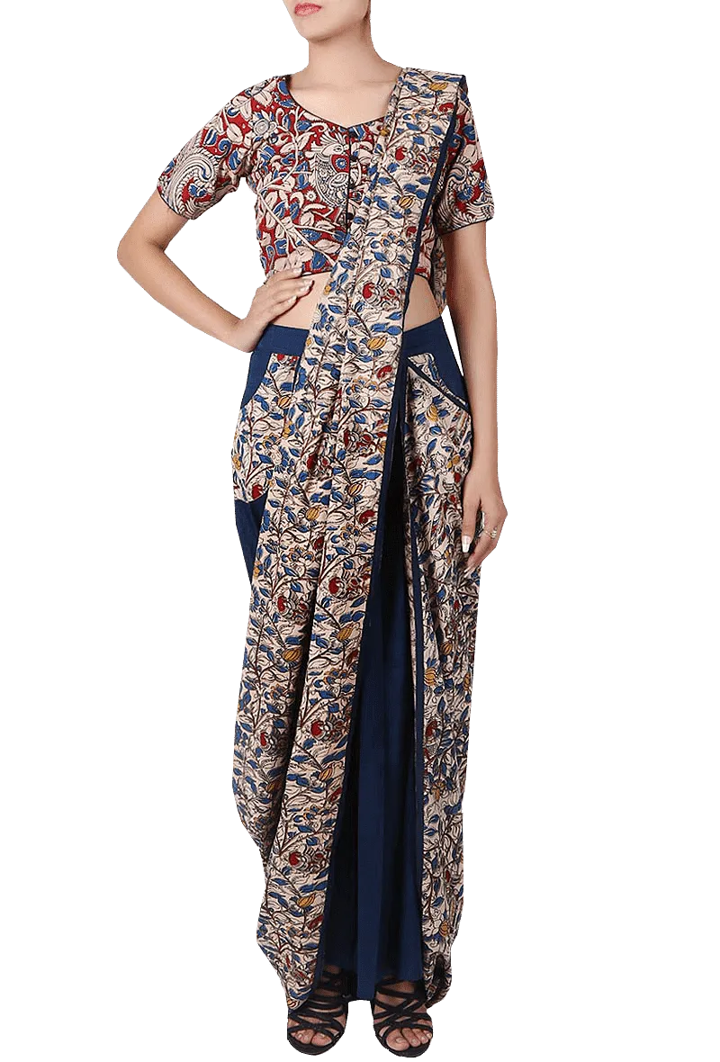 Navy Blue Pure Cotton Stitched Saree With Detachable Kalamkari Pallu