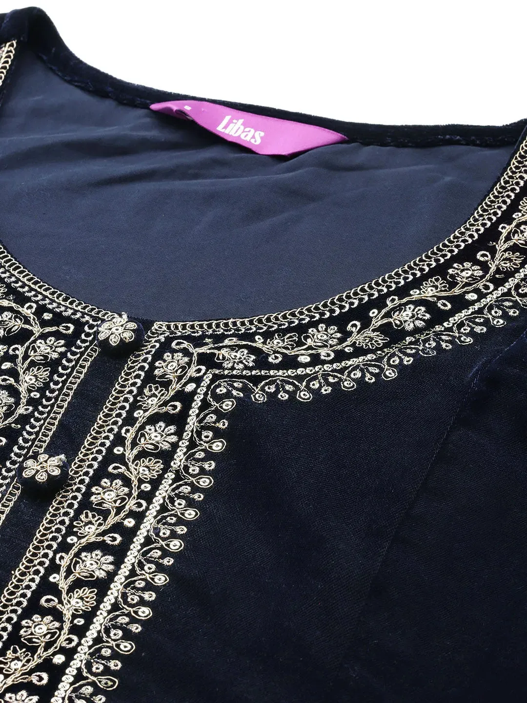 Navy Yoke Design Velvet A-Line Kurta With Palazzos & Dupatta