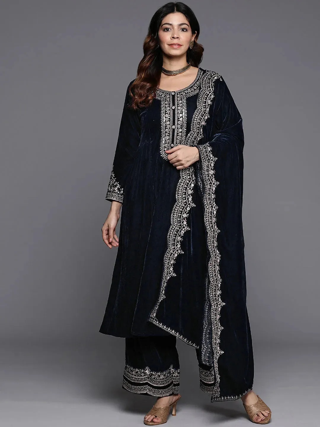 Navy Yoke Design Velvet A-Line Kurta With Palazzos & Dupatta