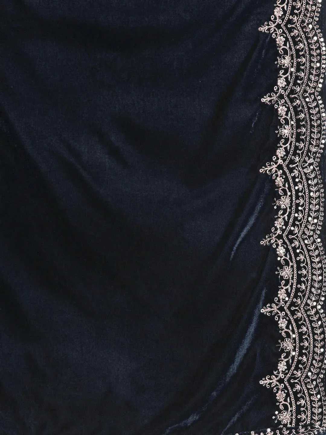 Navy Yoke Design Velvet A-Line Kurta With Palazzos & Dupatta