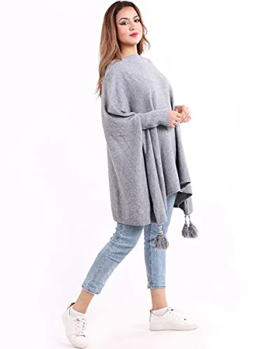 New Italian Ladies Women Batwing Tassels Poncho Knitted Winter Shawl