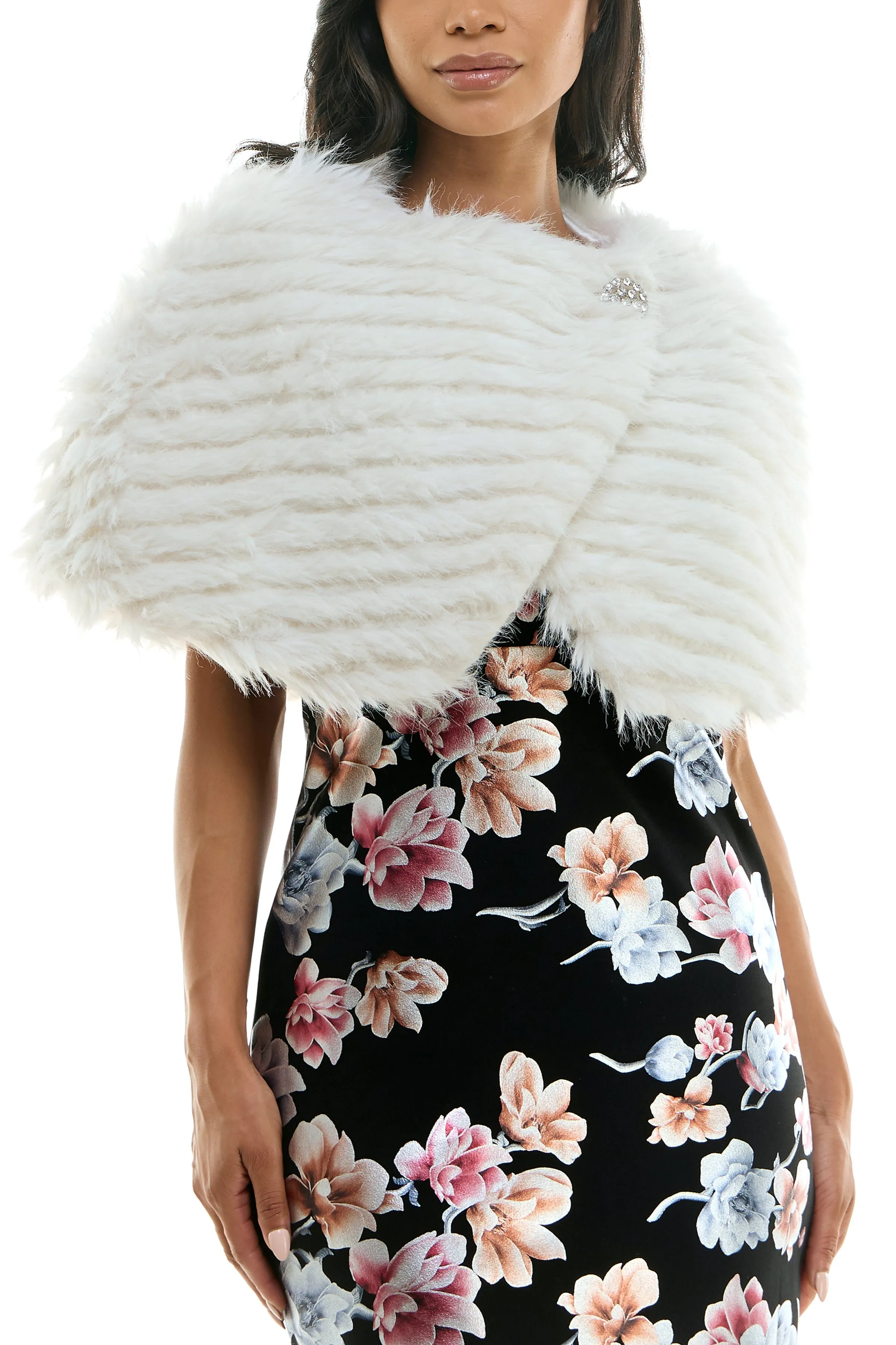 Nina Leonard One Button And Hook Closure Embellished Faux Fur Capelet