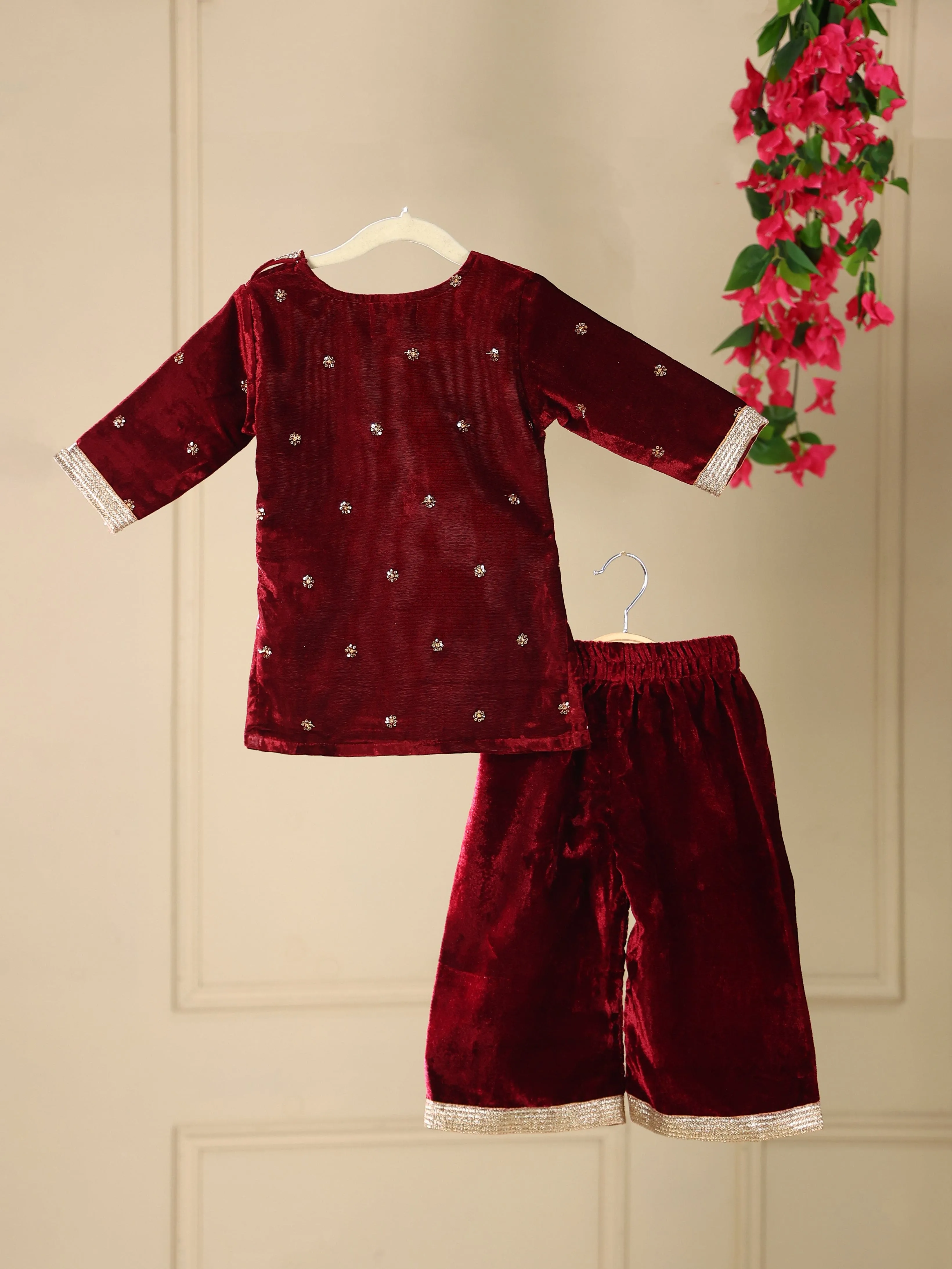 Pre-Order- GIRL VELVET KURTA AND PALAZZO SET - MAROON