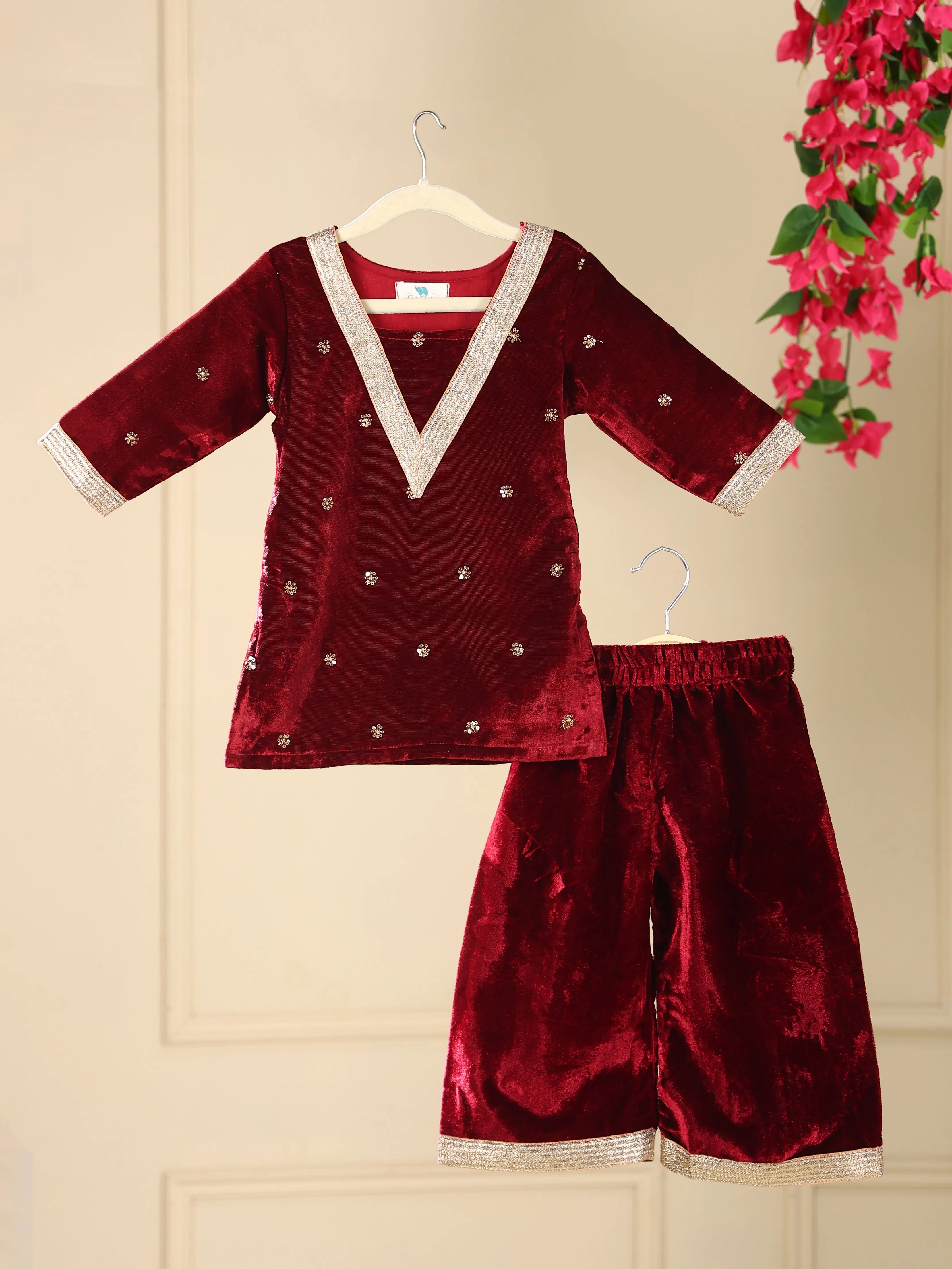 Pre-Order- GIRL VELVET KURTA AND PALAZZO SET - MAROON