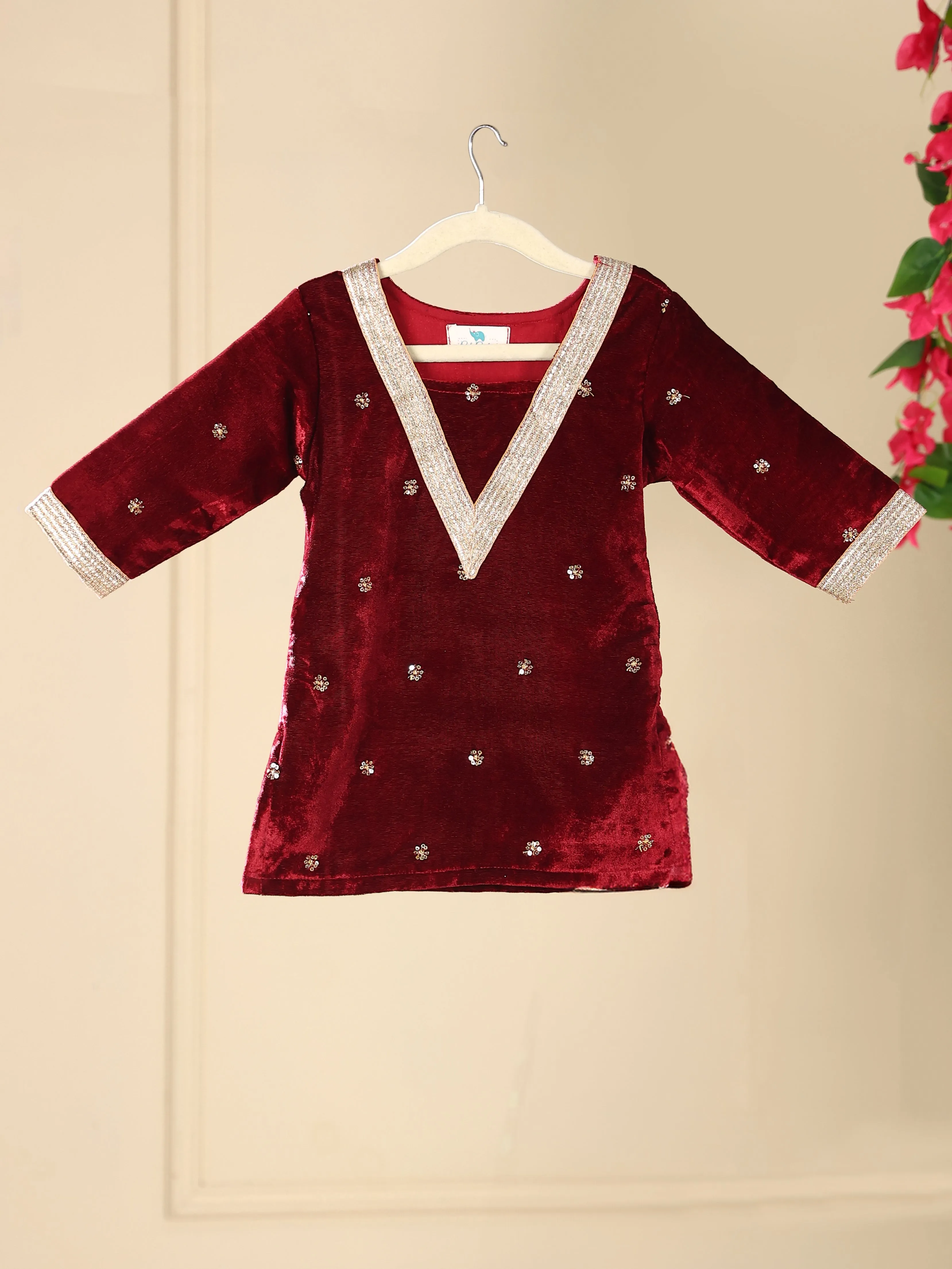 Pre-Order- GIRL VELVET KURTA AND PALAZZO SET - MAROON