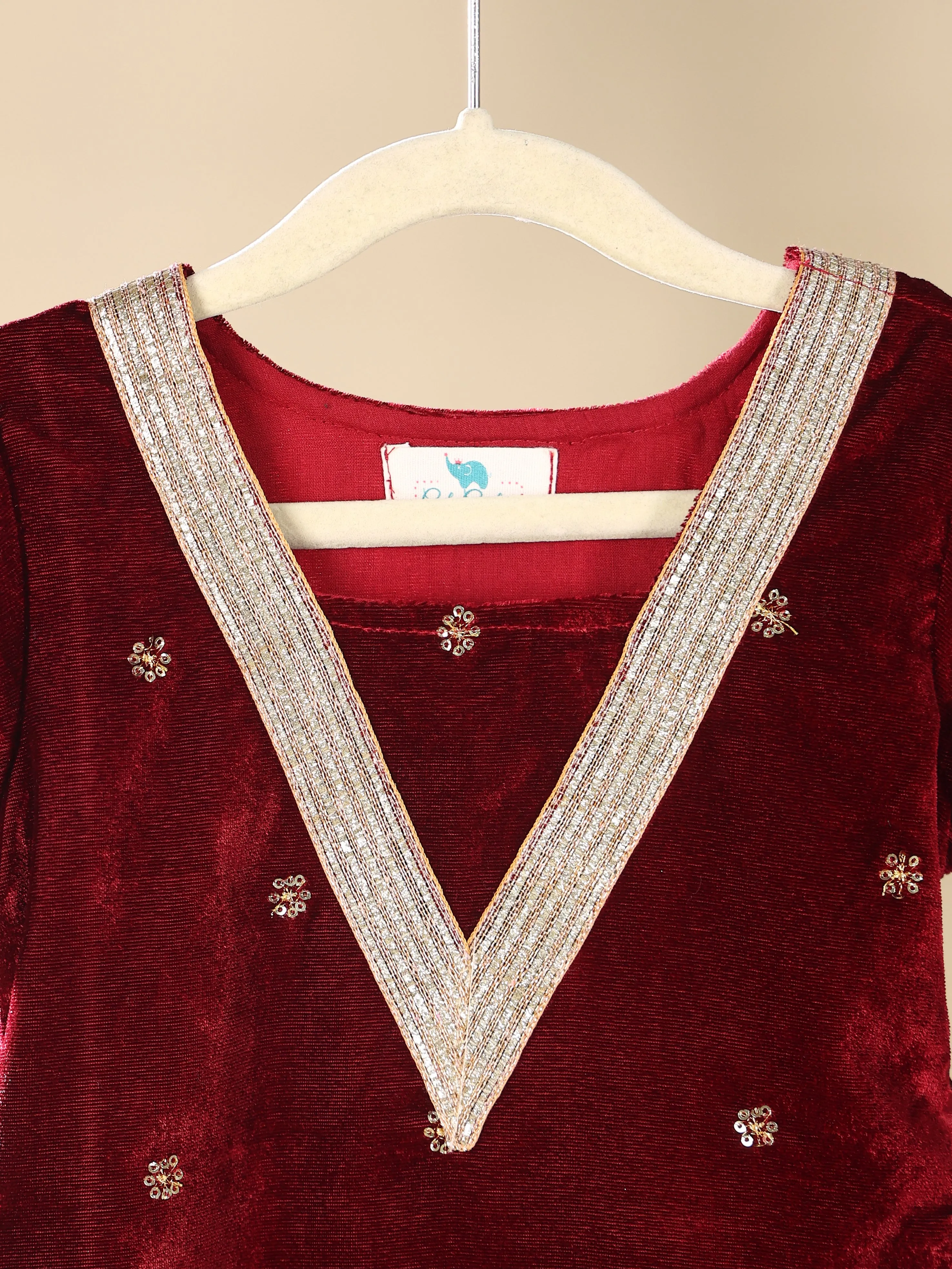 Pre-Order- GIRL VELVET KURTA AND PALAZZO SET - MAROON