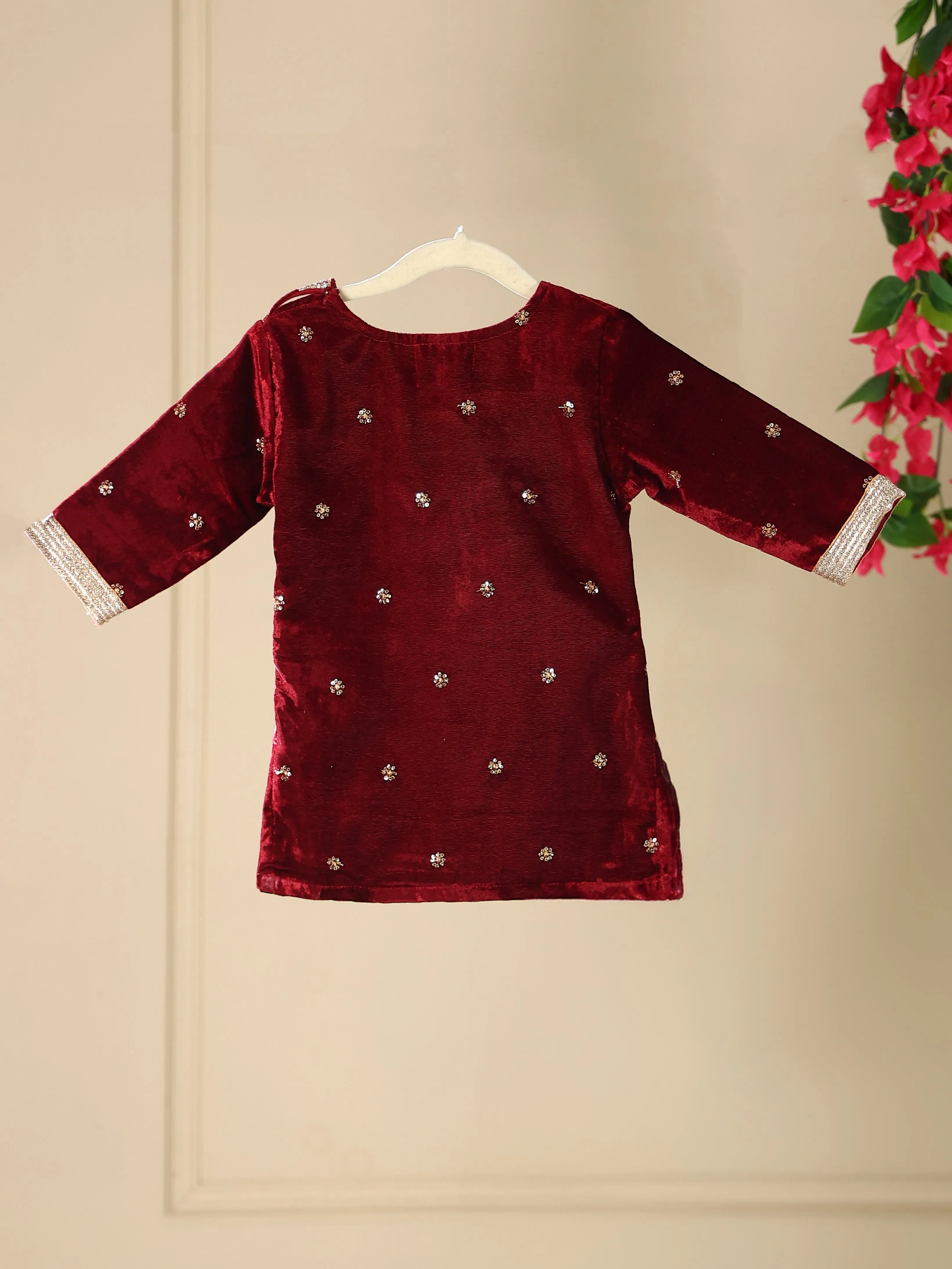 Pre-Order- GIRL VELVET KURTA AND PALAZZO SET - MAROON