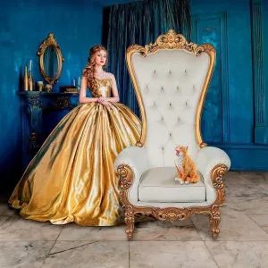 Princess Great Royal Baroque Golden White Throne Armchair With Real Gold Leaf