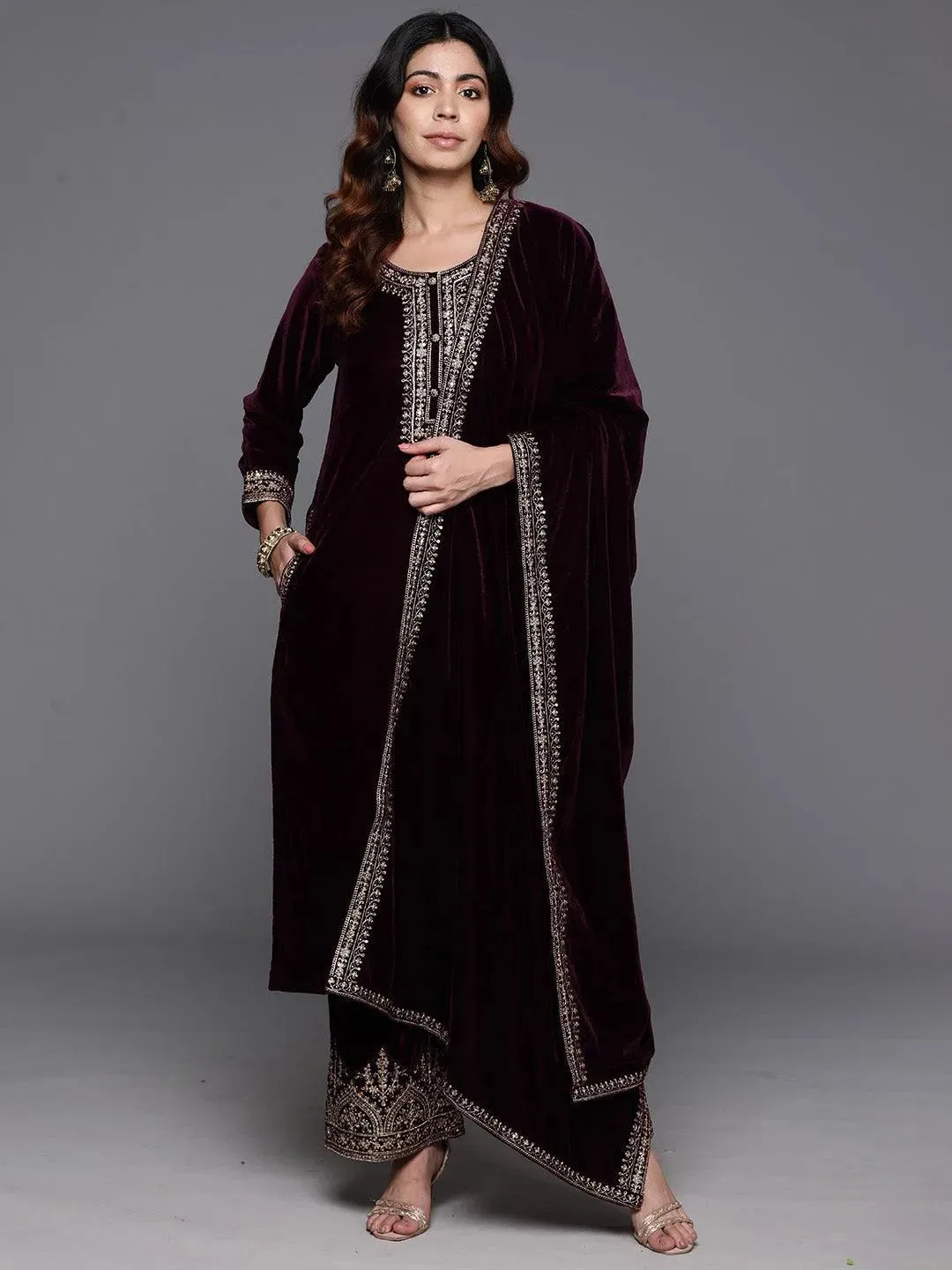 Purple Yoke Design Velvet Straight Suit With Dupatta