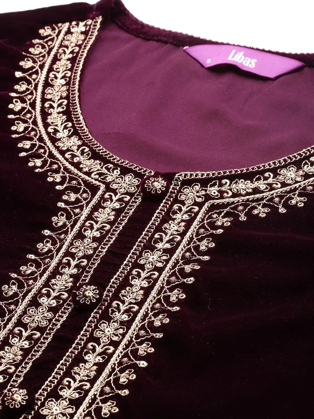 Purple Yoke Design Velvet Straight Suit With Dupatta