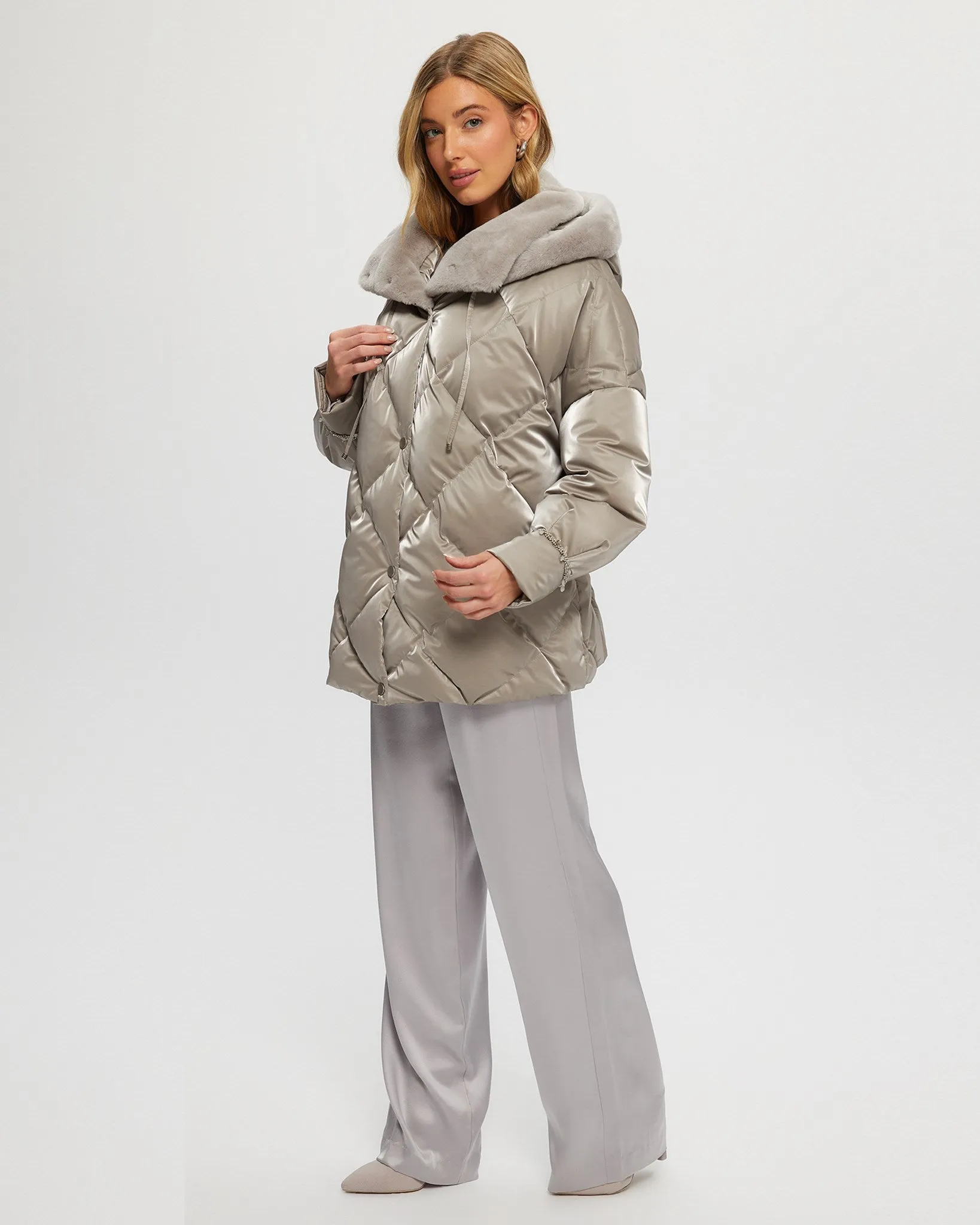 QUILTED PARKA WITH SHEARLING LAMB COLLAR & HOOD TRIM