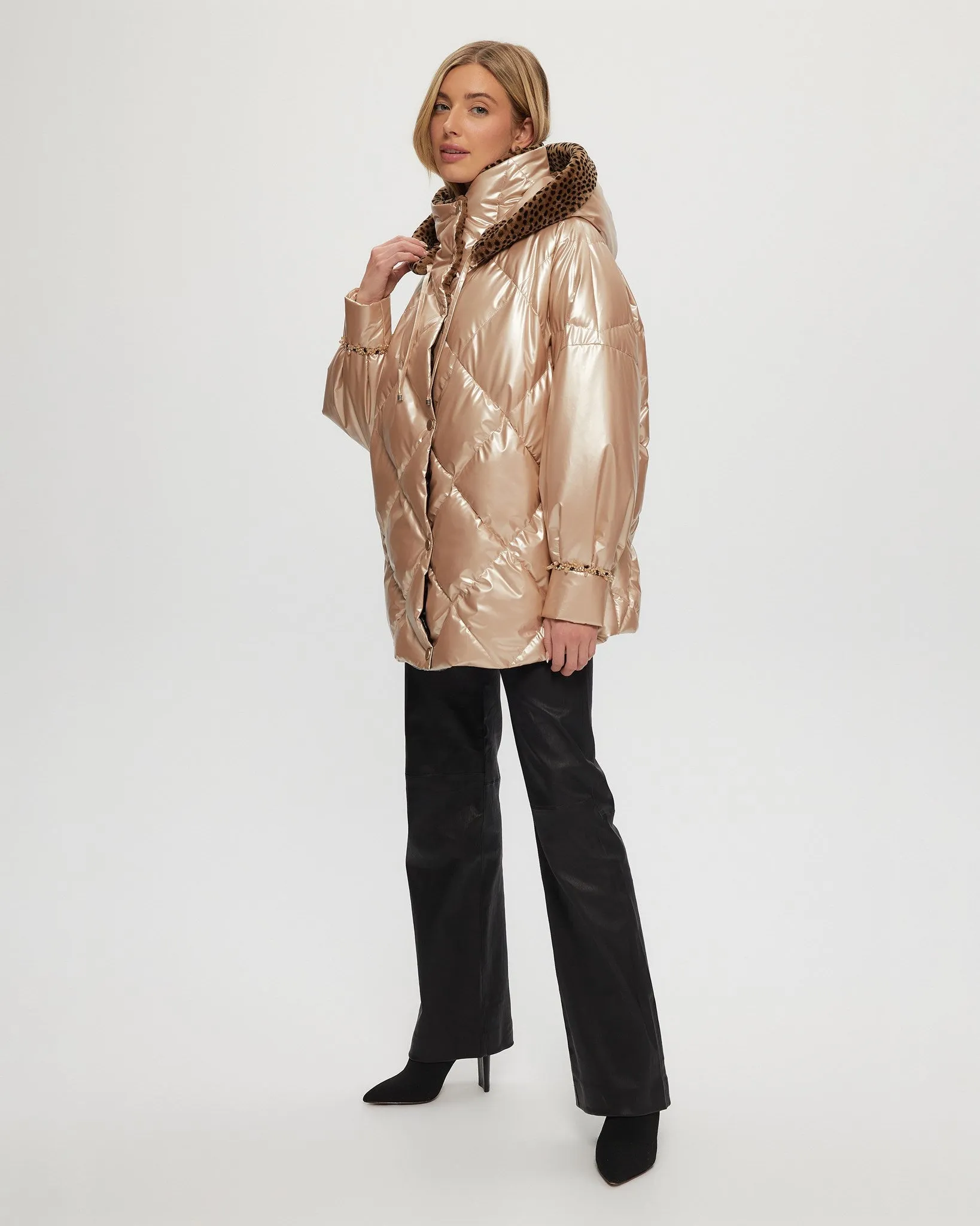 QUILTED PARKA WITH SHEARLING LAMB COLLAR & HOOD TRIM