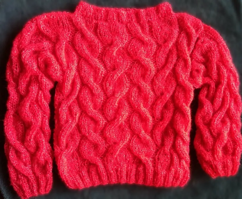 Red Mohair Loose knit Glitter sweater with cables