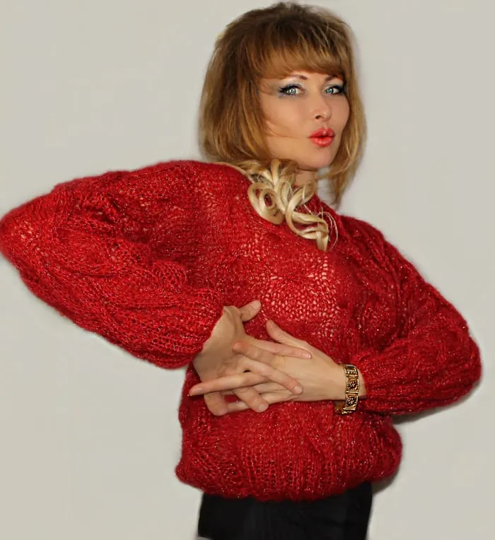 Red Mohair Loose knit Glitter sweater with cables