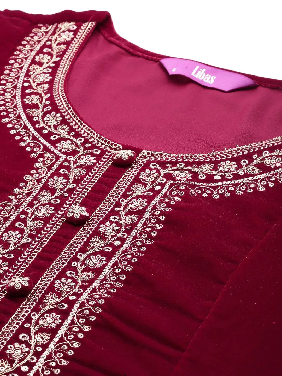 Red Yoke Design Velvet A-Line Kurta With Palazzos & Dupatta