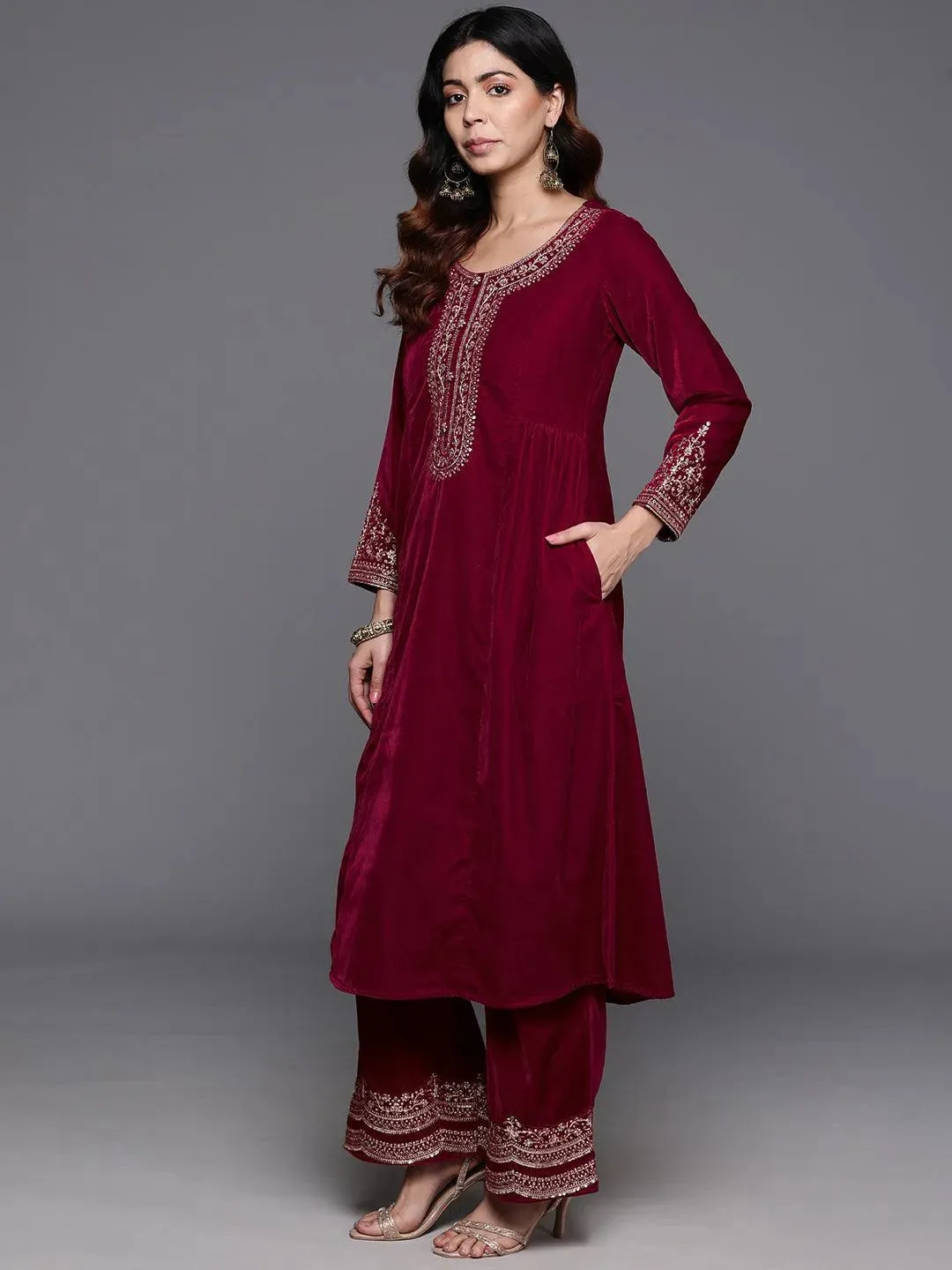 Red Yoke Design Velvet A-Line Kurta With Palazzos & Dupatta