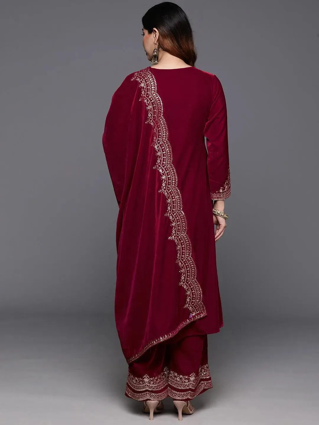 Red Yoke Design Velvet A-Line Kurta With Palazzos & Dupatta