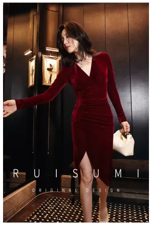 Retro wine red V-neck pleated slit dress red velvet annual meeting dress skirt- Rose