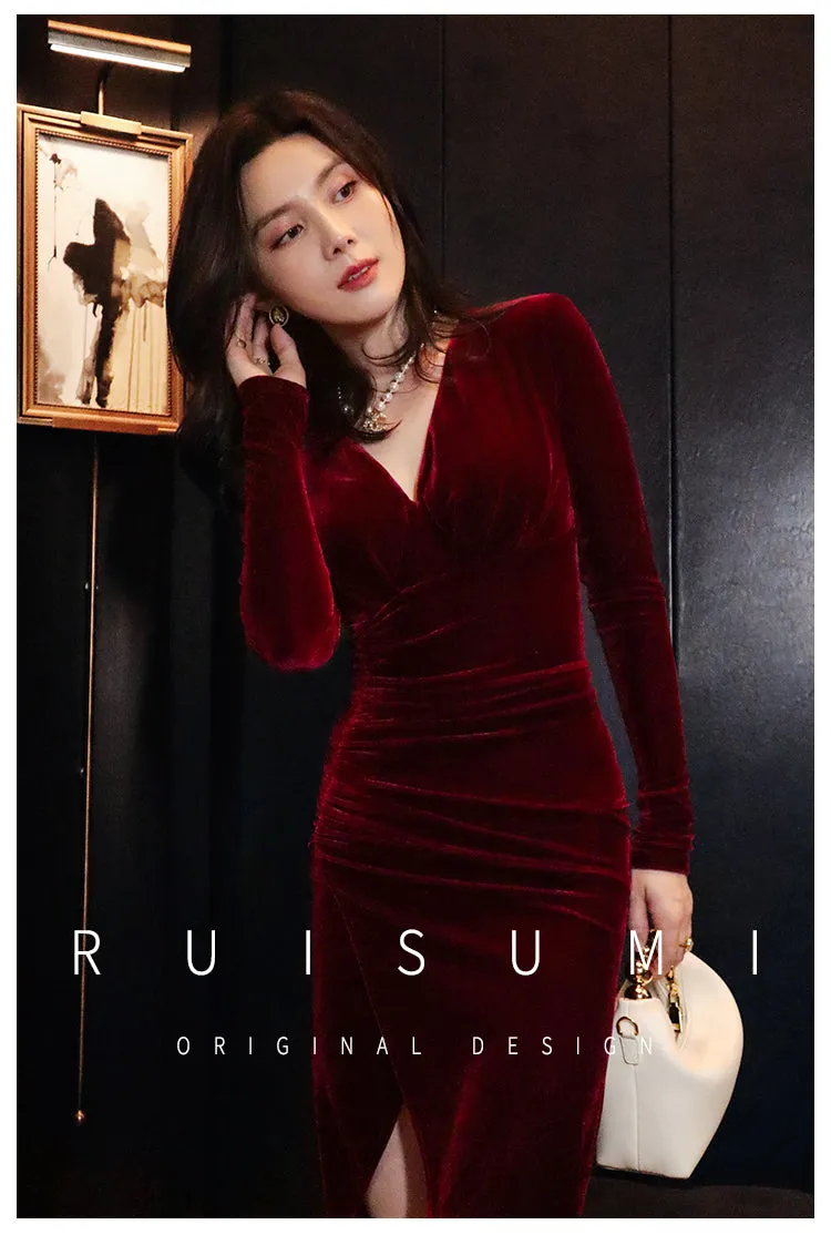 Retro wine red V-neck pleated slit dress red velvet annual meeting dress skirt- Rose